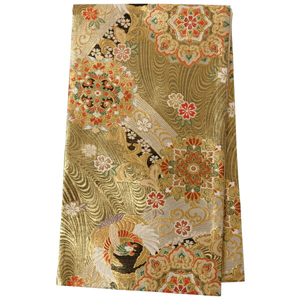 2-11月利用は11000円 【レンタル】帯 単品 レンタル 帯単品レンタル「B1564 振袖用帯　金 波に宝相華と鳳凰 ゴールド系」 正絹 振袖 帯 ママ振り 婚礼 貸衣装 結婚式 卒業式 振袖リメイク 帯のみ ママフリ ママ振 姉フリ
