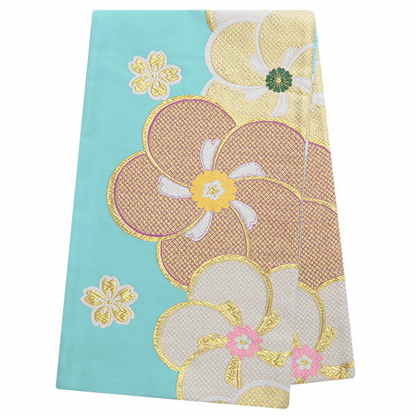 2-11月利用は11000円 【レンタル】帯 単品 レンタル 帯単品レンタル「B1774 振袖用帯　水色 ねじり梅に桜 青系」 正絹 振袖 帯 ママ振り 婚礼 貸衣装 結婚式 卒業式 振袖リメイク 帯のみ ママフリ ママ振 姉フリ