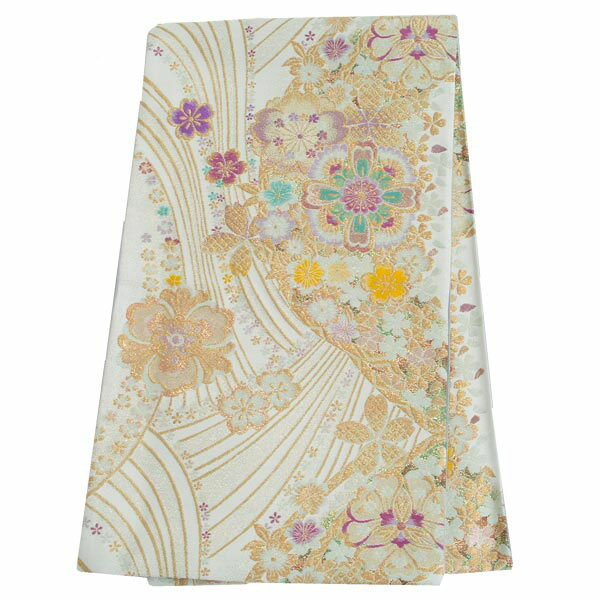 2-11月利用は11000円 【レンタル】帯 単品 レンタル 帯単品レンタル「B357 振袖用帯 白 流水に華文と桜 白系」 正絹 振袖 帯 ママ振り 婚礼 貸衣装 結婚式 卒業式 振袖リメイク 帯のみ ママフリ ママ振 姉フリ