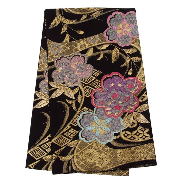 2-11月利用は11000円 【レンタル】帯 単品 レンタル 帯単品レンタル「B610 振袖用帯　黒 流水に桜と草花 黒系」 正絹 振袖 帯 ママ振り 婚礼 貸衣装 結婚式 卒業式 振袖リメイク 帯のみ ママフリ ママ振 姉フリ