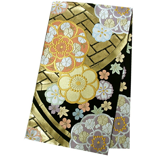 2-11月利用は11000円 【レンタル】帯 単品 レンタル 帯単品レンタル「B774 振袖用帯　黒 桜楓に八重梅 ゴールド系」 正絹 振袖 帯 ママ振り 婚礼 貸衣装 結婚式 卒業式 振袖リメイク 帯のみ ママフリ ママ振 姉フリ