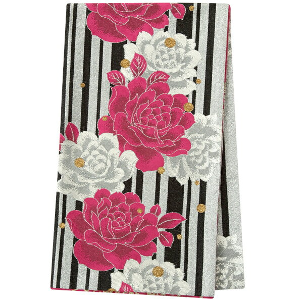 2-11月利用は11000円 【レンタル】帯 単品 レンタル 帯単品レンタル「B987 振袖用帯 黒×銀 縞に牡丹 シルバー系」 正絹 振袖 帯 ママ振り 婚礼 貸衣装 結婚式 卒業式 振袖リメイク 帯のみ ママフリ ママ振 姉フリ