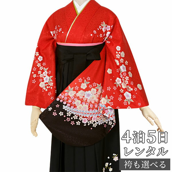 【レンタル】袴 レンタル フルセット 卒業式 女 袴セット 大学「G011赤×黒　桜と藤柄」袴レンタル ハカマ 着物 二尺袖 レディース