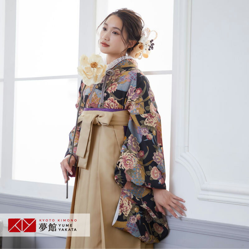 【レンタル】袴 レンタル フルセット 卒業式 女 袴セット 大学「G029-M黒　扇と牡丹柄」袴レンタル ハカマ 着物 二尺袖 レディース