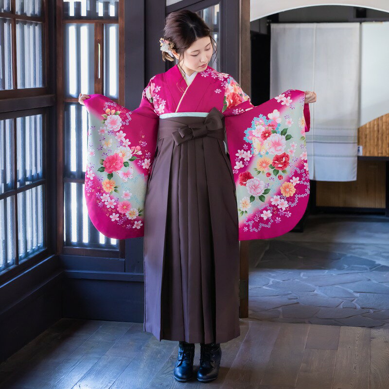 【レンタル】袴 レンタル フルセット 卒業式 女 袴セット 大学「G049濃ピンク　水色桜」袴レンタル ハカマ 着物 二尺袖 レディース