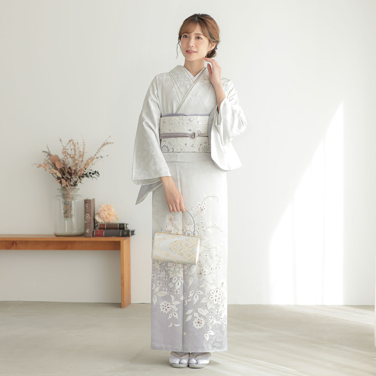 訪問着 レンタル 着物レンタル レンタル着物 着物 訪問着レンタル「H1297 薄藤グレー　花菱七宝華更紗 」 ホテル・式場への配送OK！ 入学式 入園式 お宮参り 結婚式 七五三 母 ママ 母親 着物