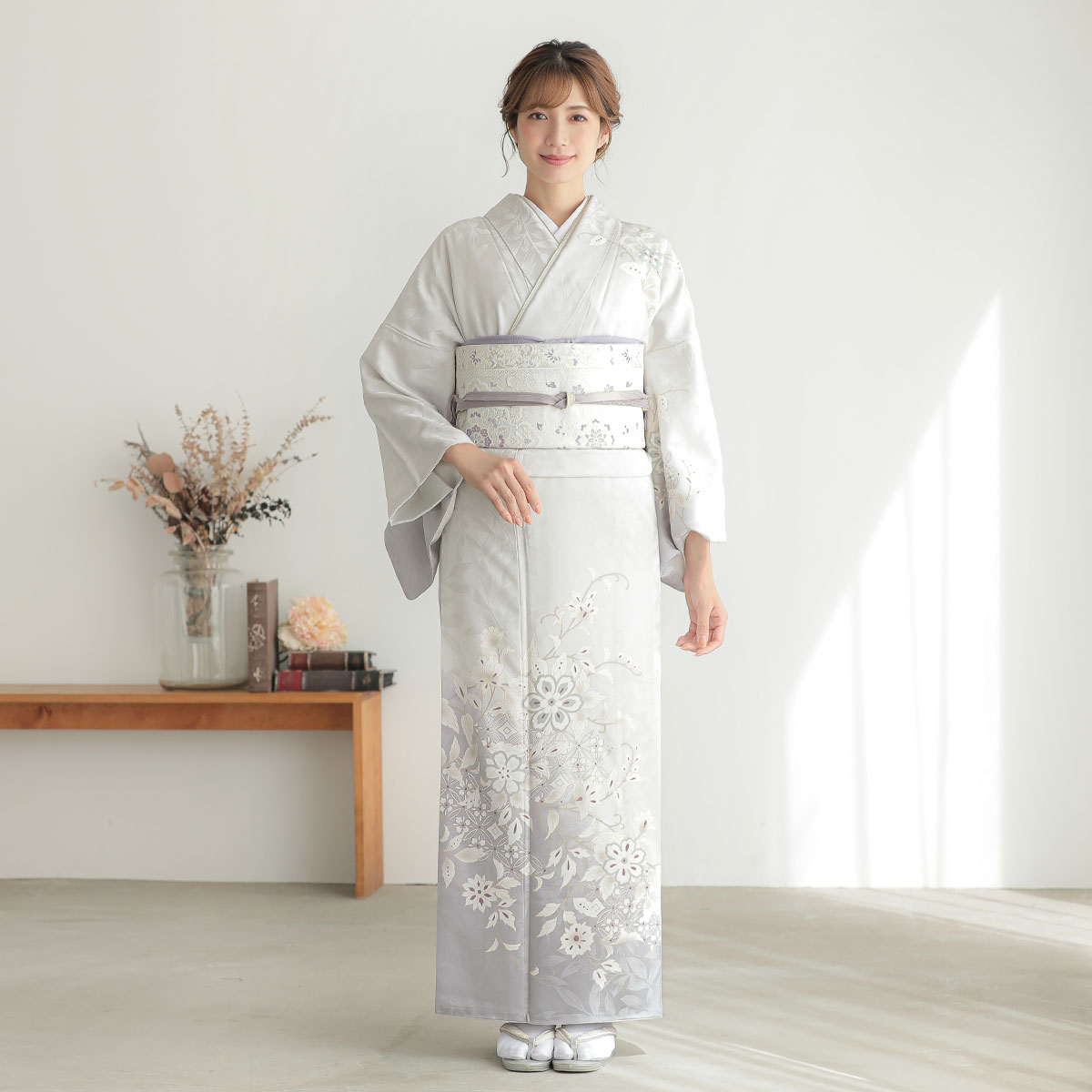 訪問着 レンタル 着物レンタル レンタル着物 着物 訪問着レンタル「H1297 薄藤グレー　花菱七宝華更紗 」 ホテル・式場への配送OK！ 入学式 入園式 お宮参り 結婚式 七五三 母 ママ 母親 着物