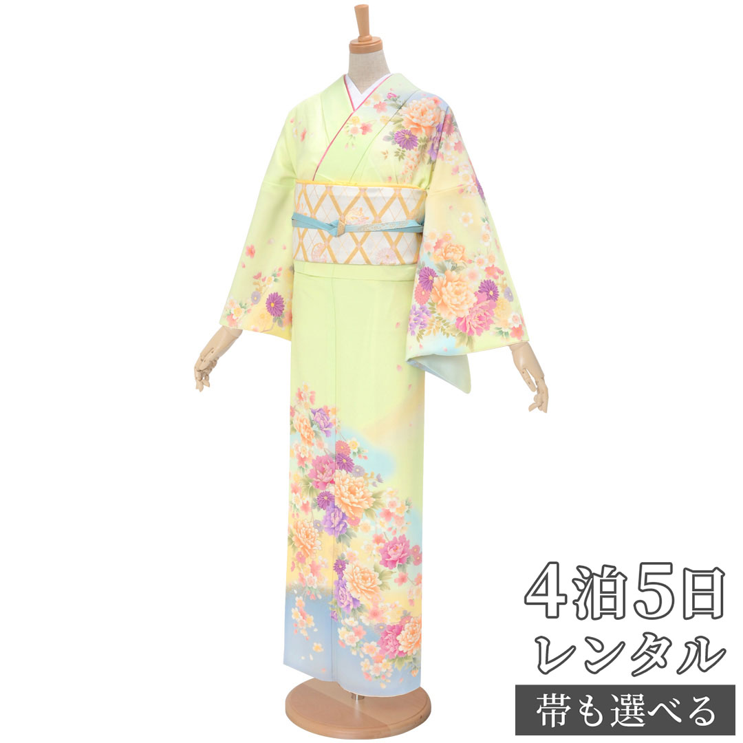 訪問着 レンタル 着物レンタル レンタル着物 着物 訪問着レンタル ジャパンスタイル「H608 黄緑色 水色ぼかし牡丹に菊桜 」 ホテル・式場への配送OK! 入学式 入園式 お宮参り 結婚式 七五三 母 ママ 母親 着物