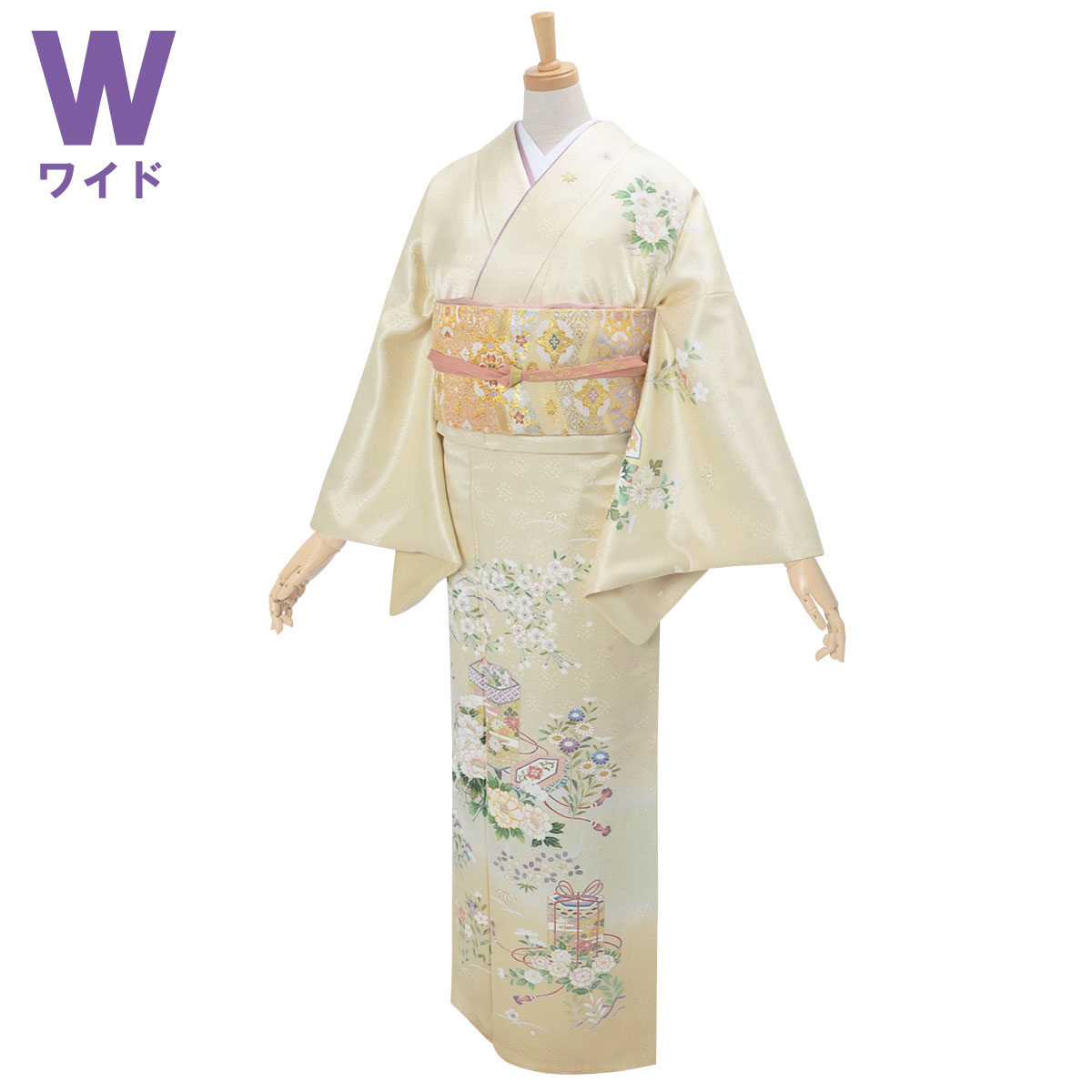 訪問着 レンタル 着物レンタル レンタル着物 着物 訪問着レンタル「H850 クリーム　貝桶と牡丹の花（w） 大きいサイズ（ワイドサイズ）」 正絹 ホテル・式場への配送OK！ 入学式 入園式 お宮参り 結婚式 七五三 母 ママ 母親 着物