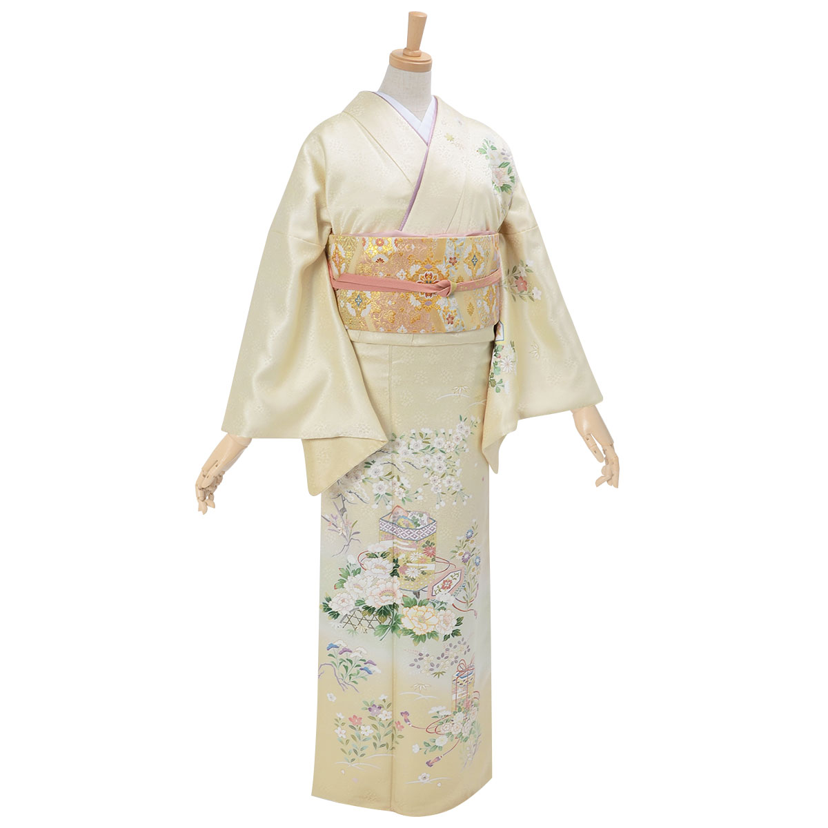 訪問着 レンタル 着物レンタル レンタル着物 着物 訪問着レンタル「H850 クリーム　貝桶と牡丹の花（w） 大きいサイズ（ワイドサイズ）」 正絹 ホテル・式場への配送OK！ 入学式 入園式 お宮参り 結婚式 七五三 母 ママ 母親 着物