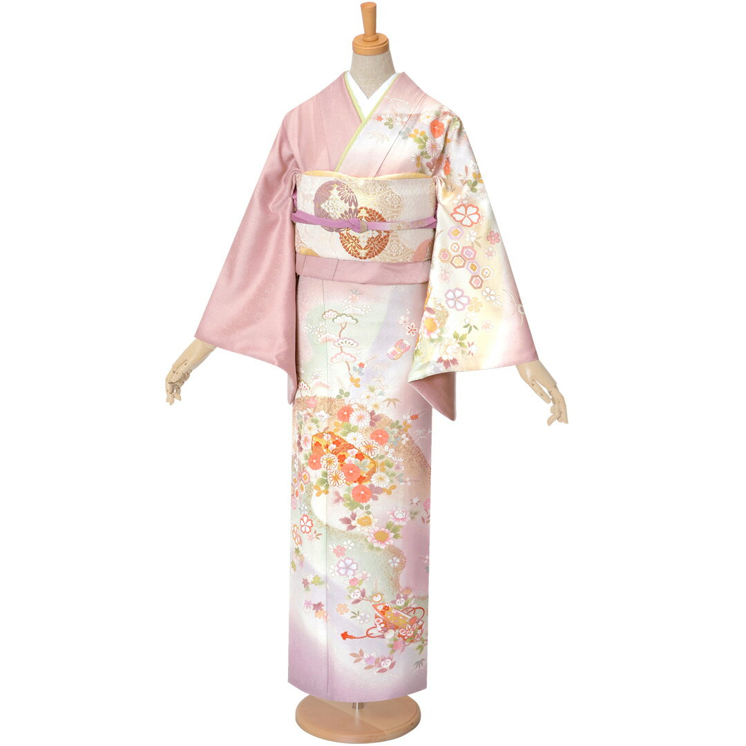 訪問着 レンタル 着物レンタル レンタル着物 着物 訪問着レンタル「H875 ピンクベージュ　文箱に丸菊 」 正絹 ホテル・式場への配送OK！ 入学式 入園式 お宮参り 結婚式 七五三 母 ママ 母親 着物