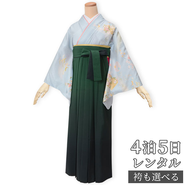 スーパーSALE1000円オフ!!【レンタル】袴 レンタル 先生 女 袴セット 教員 職員 先生〔HG836〕 水色 冊紙に草花 卒業式 袴 フルセット 女性 はかま ハカマ レンタル 貸衣装 かしいしょう 送料無料