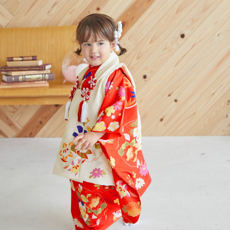 【レンタル】 [七五三 着物 レンタル 女の子 3歳] 三歳 「K081 Shikibu Classic 白×赤　椿に橘の花丸 」753 七五三 着物 3歳 子供 きもの レンタル
