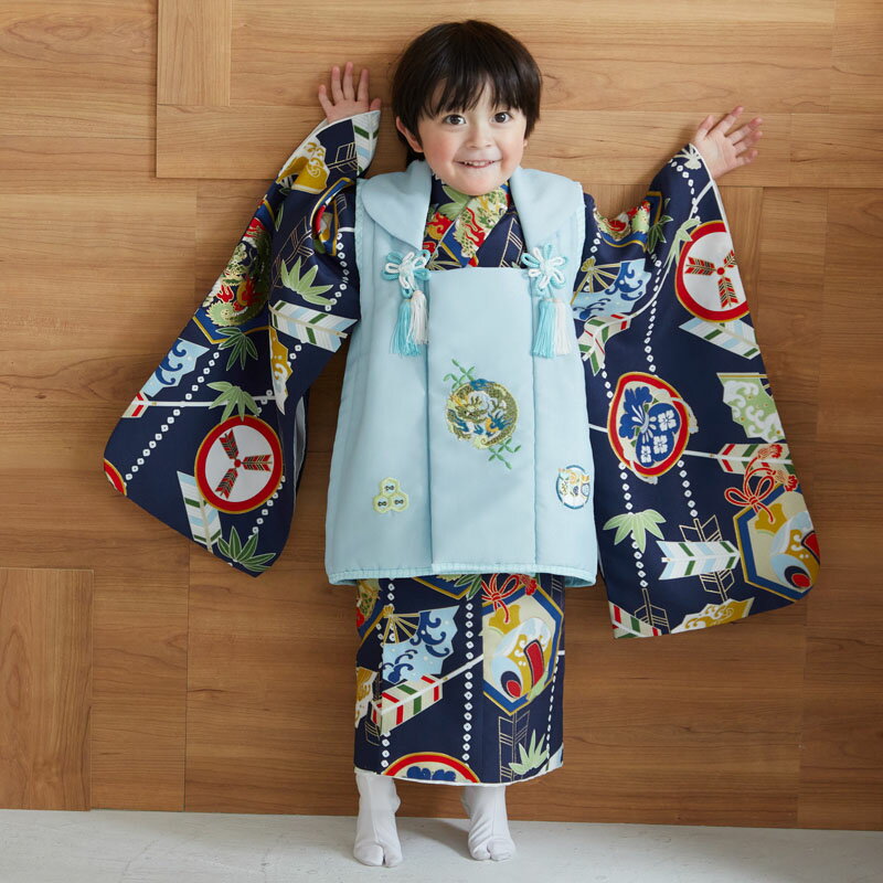 【レンタル】 [七五三 着物 3歳]男の子「K097 水色龍×紺鎧兜軍配」 男の子 七五三レンタル 3歳 男児 被布 三歳 子供 きものレンタル