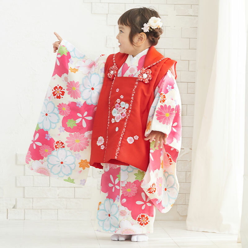 【レンタル】 [七五三 着物 レンタル 女の子 3歳] 三歳 「K099 クリーム桜×赤桜 」753 七五三 着物 3歳 子供 きもの レンタル