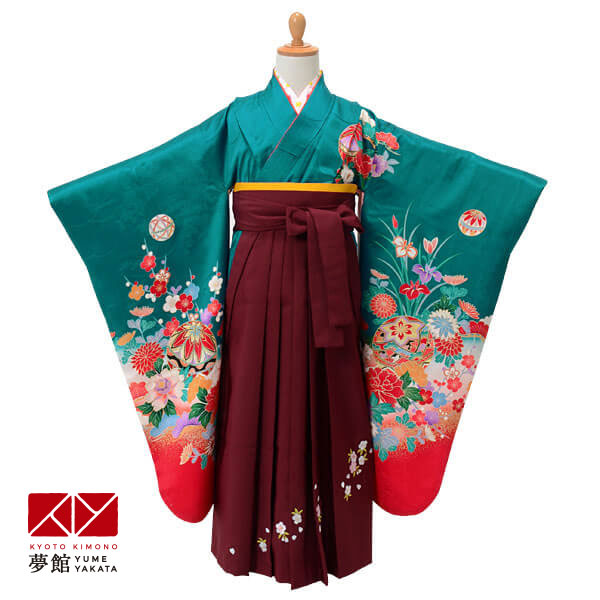【訳あり】【レンタル】卒園式 袴 女の子 レンタル 緑 手鞠と四季花★【N013】袴レンタル 七五三 着物 7歳 初詣 保育園 卒園 幼稚園