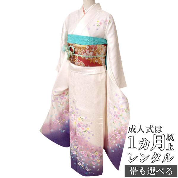 【成人式 振袖 レンタル】RS119 正絹 白　鼓とコスモス桜フルセット 往復送料無料 /女性和服/結婚式 和服 着物セット/小物 セット 振り袖 【レンタル】