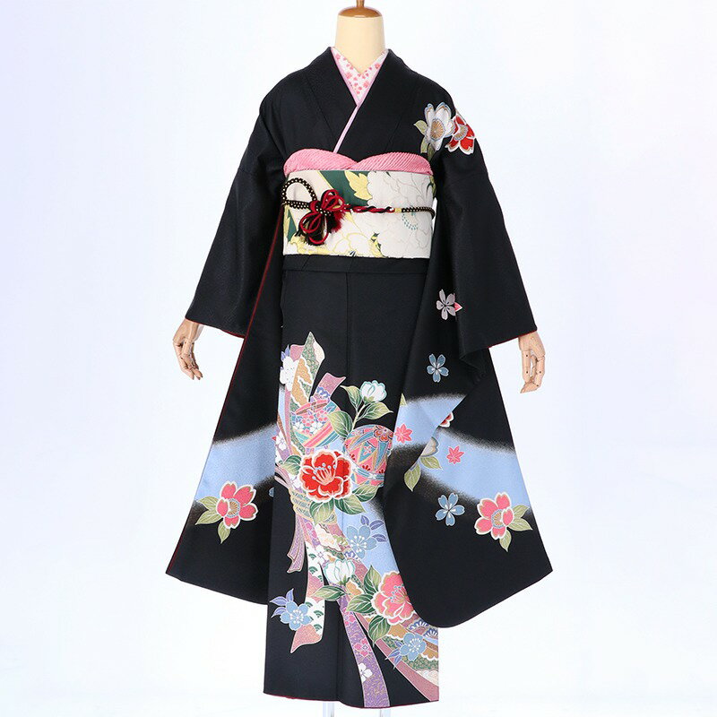 【振袖 レンタル】 結婚式 結納R176黒　椿手鞠熨斗柄 振袖 レンタル フルセット ふりそで 振り袖 結婚式 披露宴 親族 卒業式 パーティー 結納 着物レンタル 貸衣装 女性 和服 往復送料無料