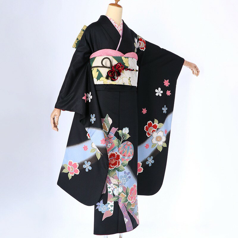 【振袖 レンタル】 結婚式 結納R176黒　椿手鞠熨斗柄 振袖 レンタル フルセット ふりそで 振り袖 結婚式 披露宴 親族 卒業式 パーティー 結納 着物レンタル 貸衣装 女性 和服 往復送料無料