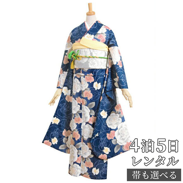 【振袖 レンタル】 結婚式 結納R184紺 大輪の薔薇と蘭(R287) 振袖 レンタル フルセット ふりそで 振り袖 結婚式 披露宴 親族 卒業式 パーティー 結納 着物レンタル 貸衣装 女性 和服 往復送料無料