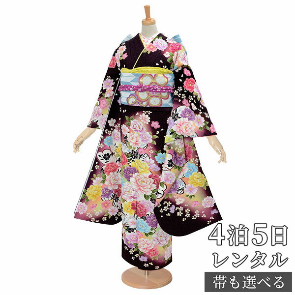 【振袖 レンタル】 結婚式 結納R1028 正絹 茶 彩色牡丹 振袖 レンタル フルセット ふりそで 振り袖 結婚式 披露宴 親族 卒業式 パーティー 結納 着物レンタル 貸衣装 女性 和服 往復送料無料