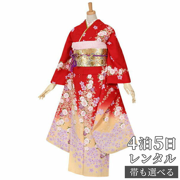 【振袖 レンタル】 結婚式 結納R1070 正絹 赤　桜 振袖 レンタル フルセット ふりそで 振り袖 結婚式 披露宴 親族 卒業式 パーティー 結納 着物レンタル 貸衣装 女性 和服 往復送料無料