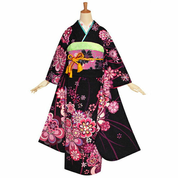 [3万円均一SALE]【成人式 振袖 レンタル】RS1227 正絹 黒　モダンフラワーフルセット 往復送料無料 /女性和服/結婚式 和服 着物セット/小物 セット 振り袖 【レンタル】