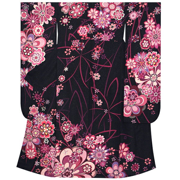 [3万円均一SALE]【成人式 振袖 レンタル】RS1227 正絹 黒　モダンフラワーフルセット 往復送料無料 /女性和服/結婚式 和服 着物セット/小物 セット 振り袖 【レンタル】