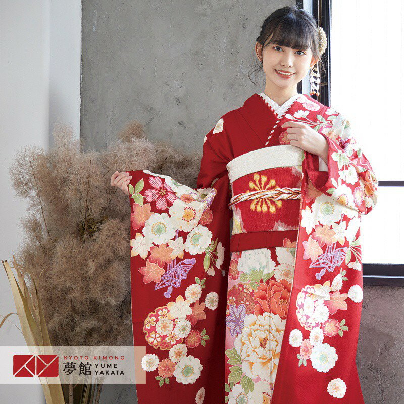 【振袖 レンタル】 結婚式 結納R1292 正絹 赤 雪輪に菊牡丹 振袖 レンタル フルセット ふりそで 振り袖 結婚式 披露宴 親族 卒業式 パーティー 結納 着物レンタル 貸衣装 女性 和服 往復送料無料