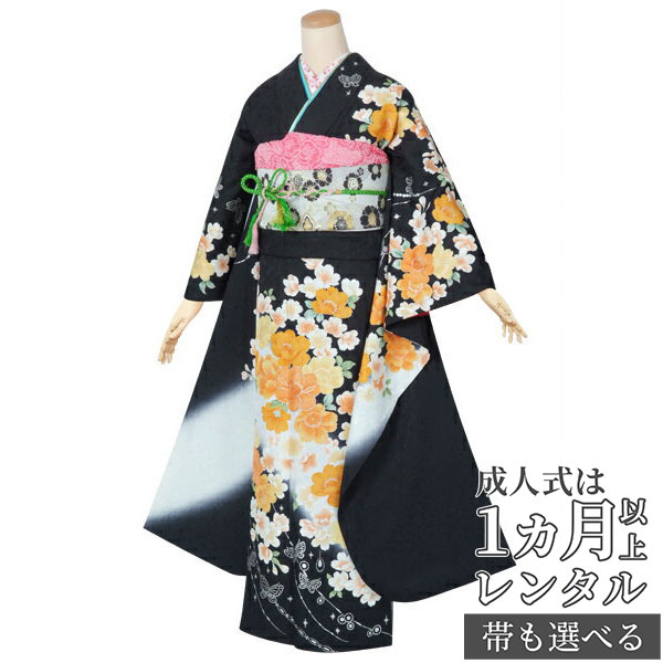 【成人式 振袖 レンタル】RS1390 正絹 黒 桜と蝶フルセット 往復送料無料 /女性和服/結婚式 和服 着物セット/小物 セット 振り袖 【レンタル】