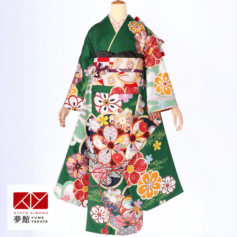 [スーパーSALE10%OFF★]【成人式 振袖 レンタル】RS1592緑　菊桜フルセット 往復送料無料 /女性和服/成人式 和服 着物セット/小物 セット 振り袖