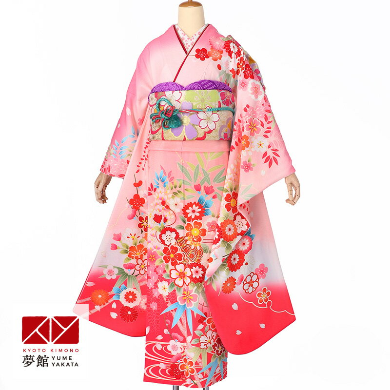 【成人式 振袖 レンタル】RS1685ピンク　藤に流水花文フルセット 往復送料無料 /女性和服/結婚式 和服 着物セット/小物 セット 振り袖 【レンタル】