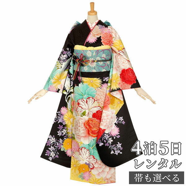 【振袖 レンタル】 結婚式 結納R1848 正絹 黒　ハイビスカスに牡丹 Lako Kula 振袖 レンタル フルセット ふりそで 振り袖 結婚式 披露宴 親族 卒業式 パーティー 結納 着物レンタル 貸衣装 女性 和服 往復送料無料【訳あり】