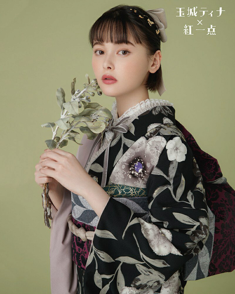 【成人式 振袖 レンタル】RS2030玉城ティナ×紅一点　黒×藤グレー　白花 玉城ティナ×紅一点 フルセット 往復送料無料 /女性和服/結婚式 和服 着物セット/小物 セット 振り袖 【レンタル】 3