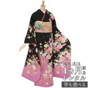 【成人式 振袖 レンタル】RS455 正絹 黒 コスモスと桜フルセット 往復送料無料 /女性和服/結婚式 和服 着物セット/小物 セット 振り袖 【レンタル】【訳あり】