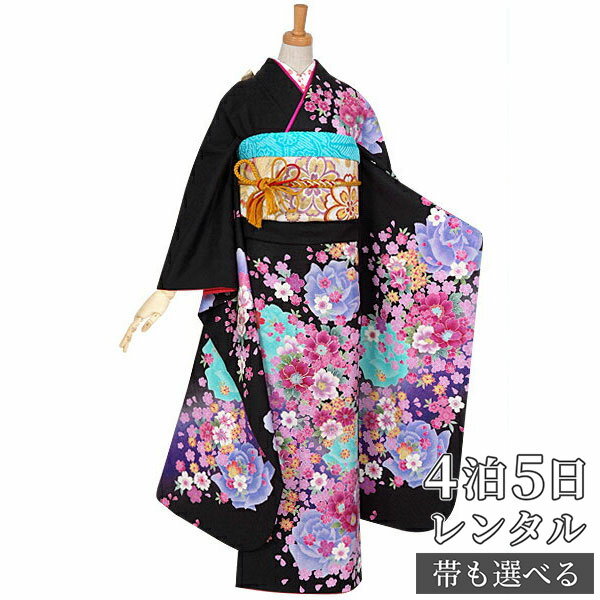 【振袖 レンタル】 結婚式 結納R920 正絹 黒　桜と青い薔薇 振袖 レンタル フルセット ふりそで 振り袖 結婚式 披露宴 親族 卒業式 パーティー 結納 着物レンタル 貸衣装 女性 和服 往復送料無料