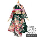 【成人式 振袖 レンタル】RS991 正絹 深緑 桜道長に御所車フルセット 往復送料無料 /女性和服/結婚式 和服 着物セット/小物 セット 振り袖 【レンタル】【訳あり】