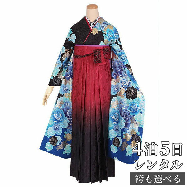 【レンタル】袴 レンタル 卒業式 女 袴セット 振袖&袴〔RR1189〕「黒青 薔薇」 フルセット 貸衣装 女 レディース 送料無料