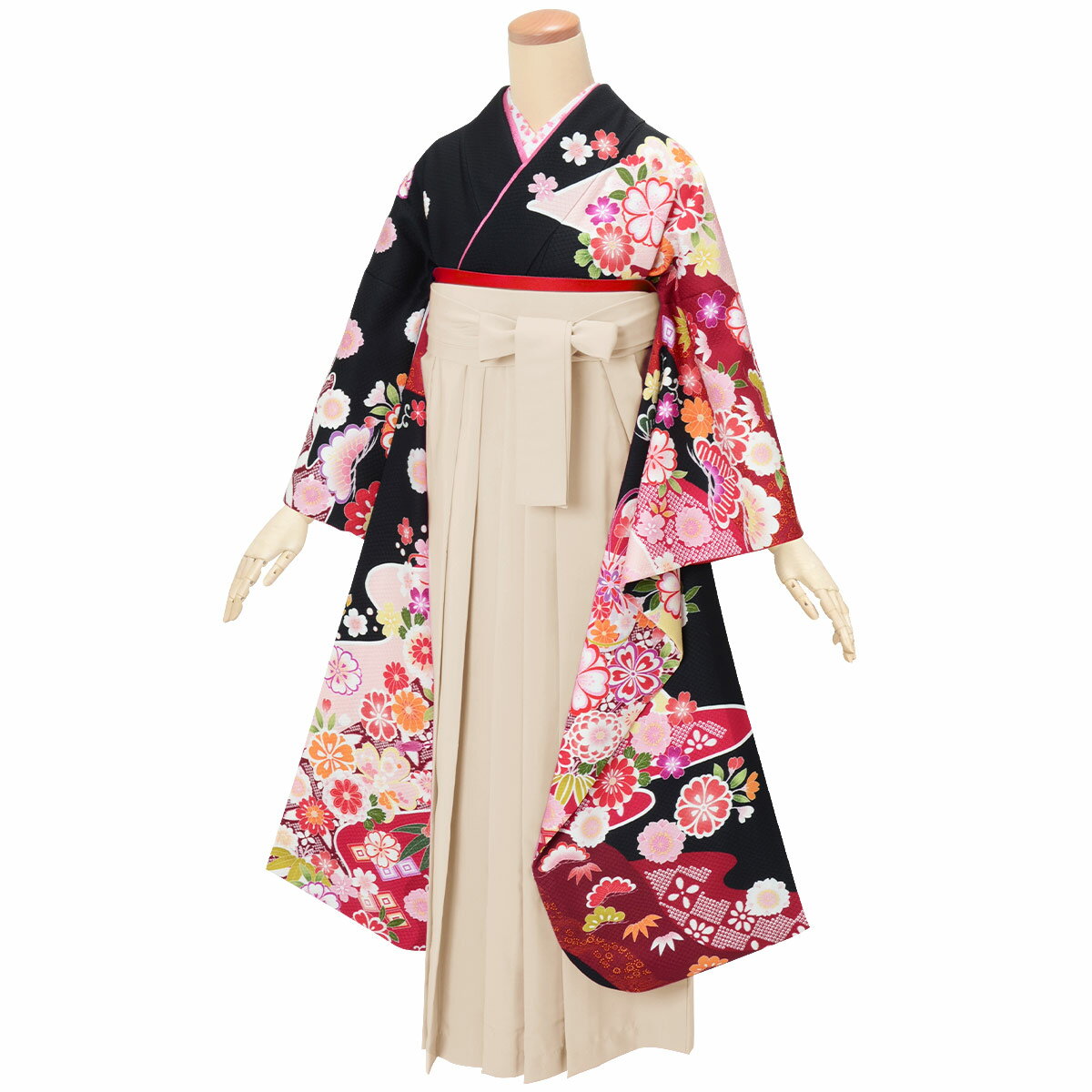 【レンタル】【訳あり】袴 レンタル 卒業式 女 袴セット 卒業式袴セット 振袖＆袴〔RR1590〕 正絹 「黒　雲取に花と毬」 フルセット 貸衣装 女 レディース 送料無料