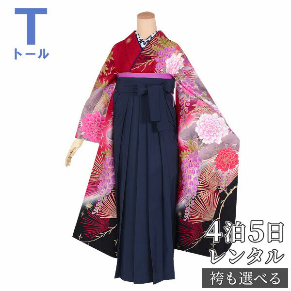 早期お届けキャンペーン【レンタル】袴 レンタル 卒業式 女 袴セット 振袖＆袴〔RR1643〕 大きいサイズ（トールサイズ）「赤黒　豪華牡丹松藤文」 フルセット 貸衣装 女 レディース 送料無料