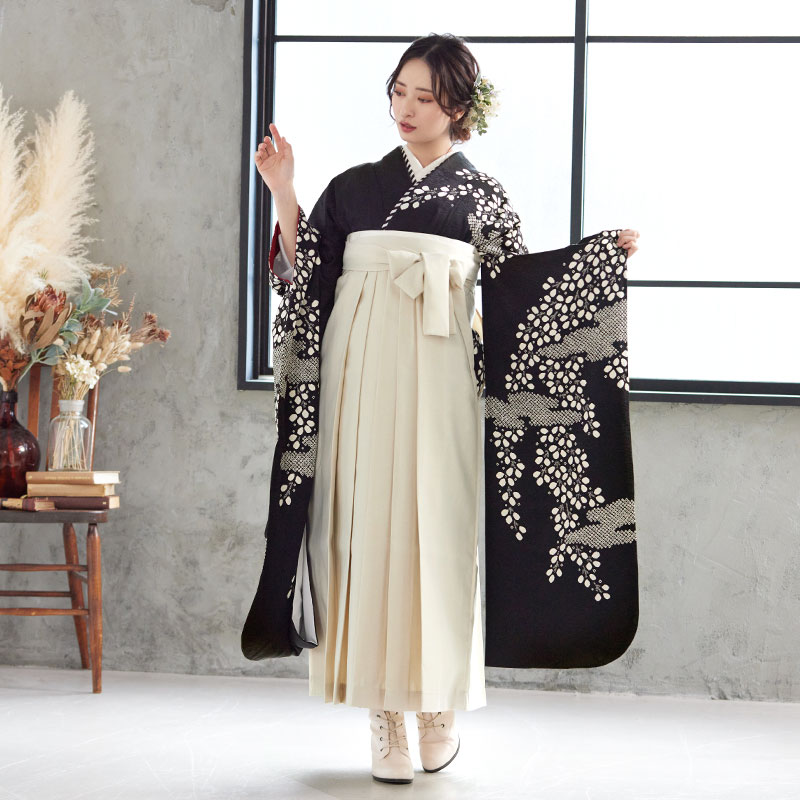早期お届けキャンペーン【レンタル】袴 レンタル 卒業式 女 袴セット 振袖＆袴〔RR1941〕「黒 霞に枝垂れ花」 フルセット 貸衣装 女 レディース 送料無料