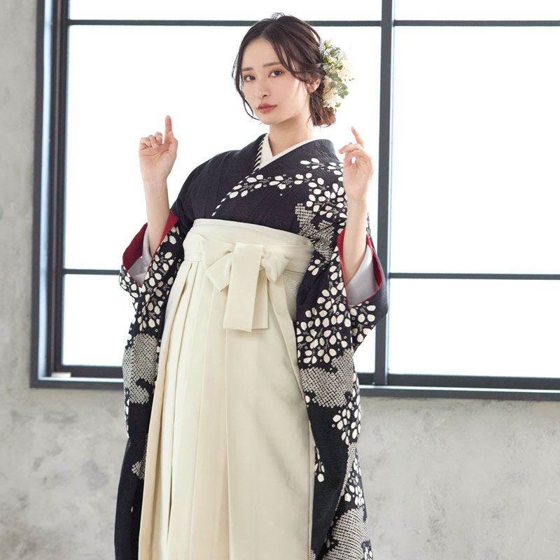 早期お届けキャンペーン【レンタル】袴 レンタル 卒業式 女 袴セット 振袖＆袴〔RR1941〕「黒 霞に枝垂れ花」 フルセット 貸衣装 女 レディース 送料無料
