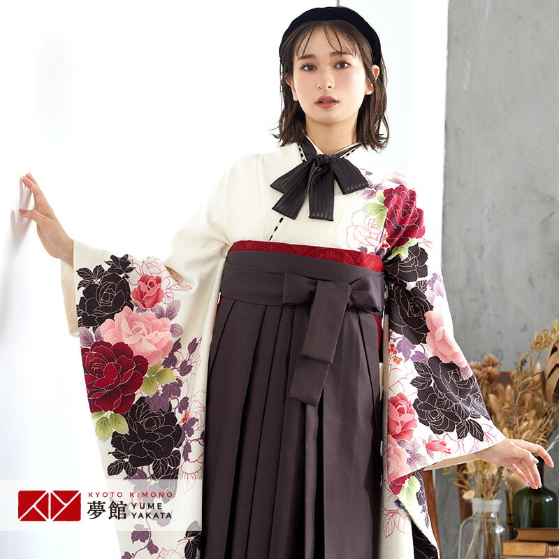 早期お届けキャンペーン【レンタル】袴 レンタル 卒業式 女 袴セット 振袖＆袴〔RR556〕「白 クラシックローズ」 フルセット 貸衣装 女 レディース 送料無料