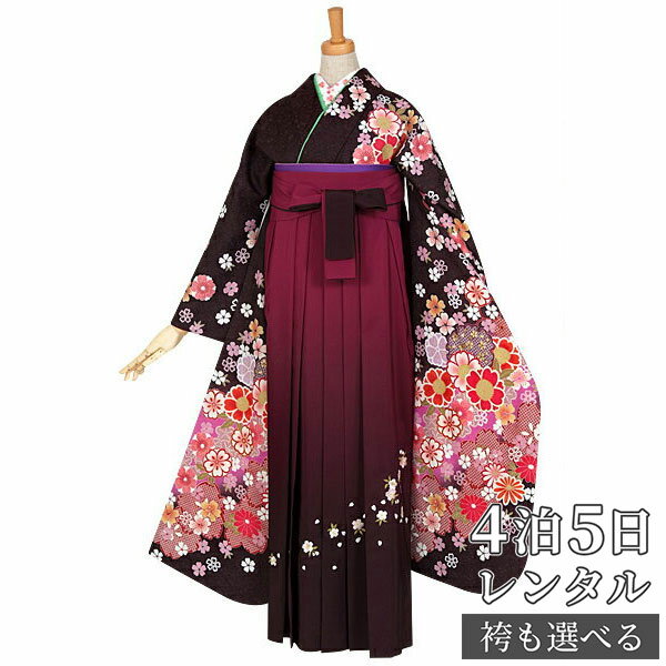 早期お届けキャンペーン【レンタル】袴 レンタル 卒業式 女 袴セット 振袖＆袴〔RR934〕「茶　疋田雪輪に桜づくし」 フルセット 貸衣装 女 レディース 送料無料