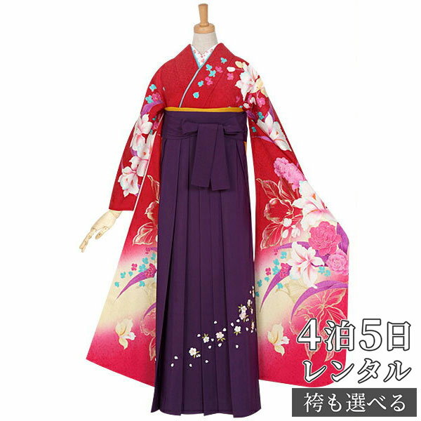 【レンタル】【訳あり】袴 レンタル 卒業式 女 袴セット 振袖&袴〔RR937〕「赤 薔薇とカトレア」 フルセット 貸衣装 女 レディース 送料無料