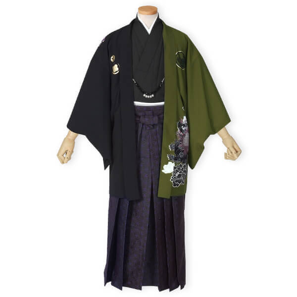 【レンタル】ジャパンスタイル 成人式 袴 レンタル 成人式紋付き〔YS025-Y165〕黒×抹茶 唐獅子牡丹×柄袴 袴 男 成人式 紋服 紋付き 紋付羽織袴 紋付レンタル 着物レンタル 結婚式 卒業式 袴