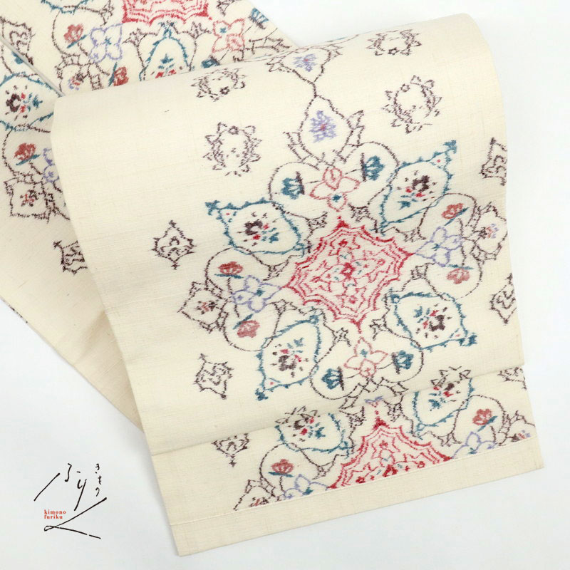 特選紬/宝相華模様名古屋帯/白/紬や小紋に合わせて/正絹着物/NS3-25のサムネイル