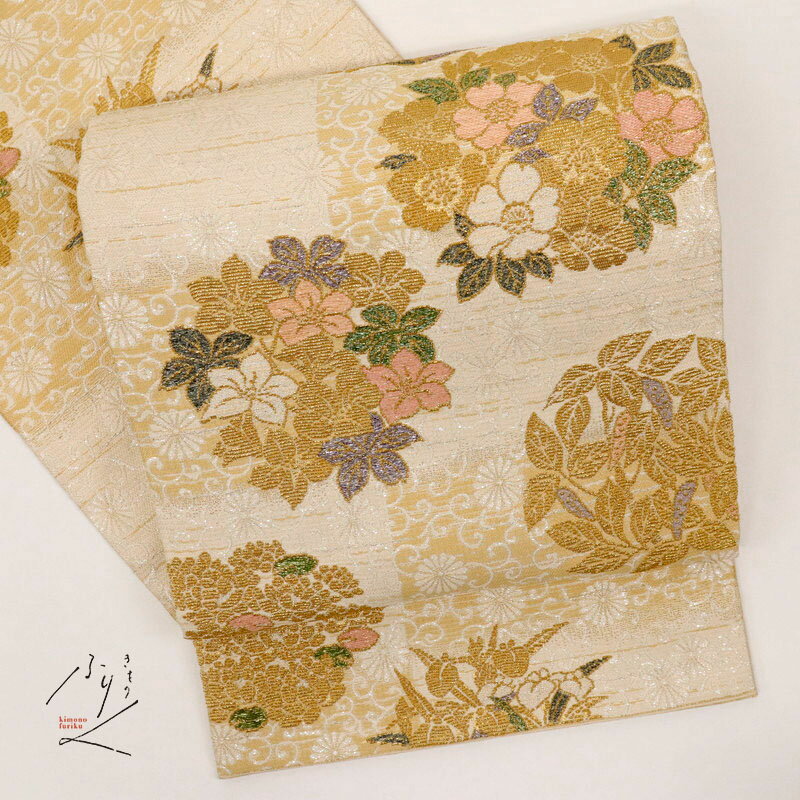 【楽天スーパーSALE10％OFF】【中古】豪華 袋帯『金華山織』市松に花の丸文 フォーマル 白×ベージュ 長さ448cm 帯巾30.5cm 和装 きもの 正絹着物 FY7-2 訪問着 付下げ 色留袖 結婚式 入学 卒業式 七五三 古着 ［きものふりく］
