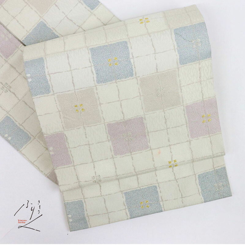 【中古】名古屋帯 格子チェック柄 白オフホワイト カジュアル 普段着に♪ 長さ367cm 帯巾31cm 正絹着物 ..