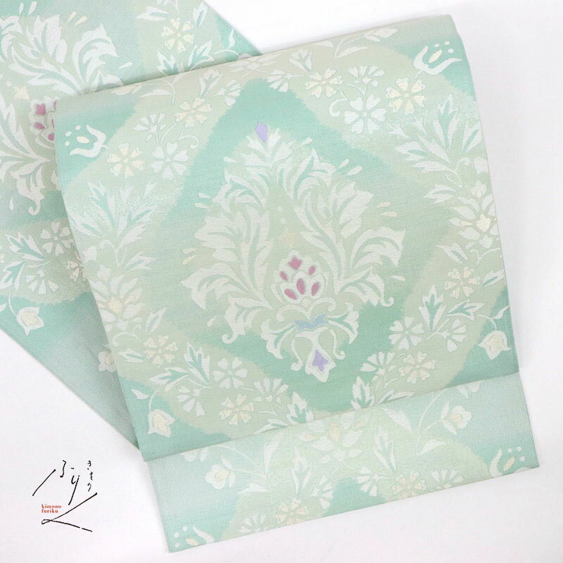 【中古】袋帯 西陣『となみ織物』アラベスク花模様 グリーン フォーマル 略礼装 長さ460cm 帯巾31cm 落款有 正絹着物 FG10-13 リサイクル着物 訪問着 付下げ 結婚式 披露宴 パーティ 式典 祝事 お宮参り リユース 古着 アウトレット［きものふりく］